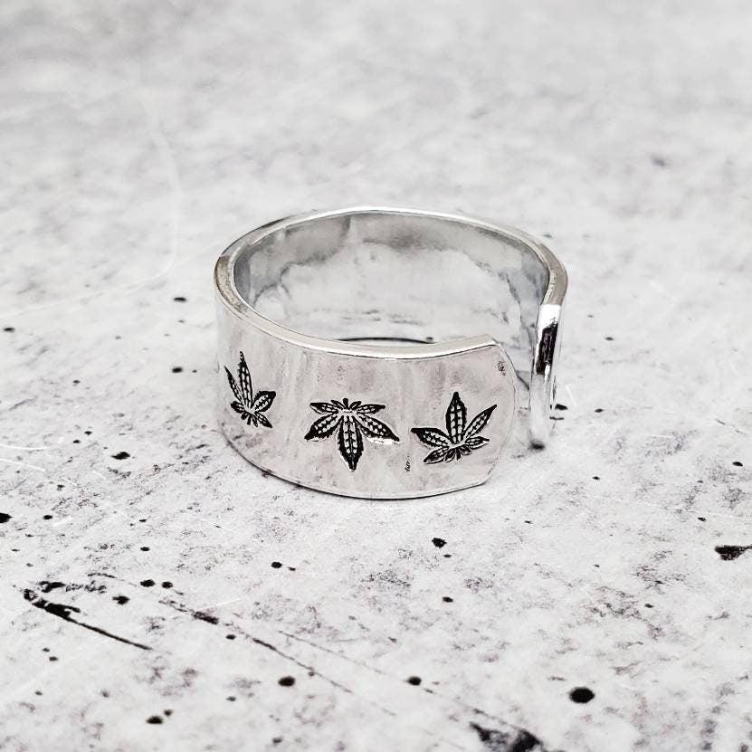 Hemp Leaf Silver Ring – Hand Stamped 420 Friendly Jewelry