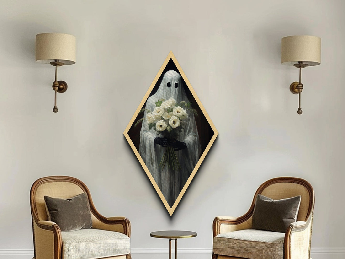 "Ghost with Flowers" Diamond Shaped Wall Art