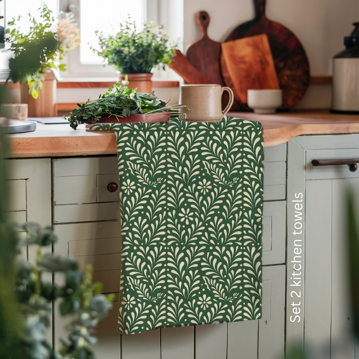 Green Mexican Kitchen Towel – Modern Floral Cotton Tea Towel – Flour Sack Dish Towel for Mexican Aesthetic Kitchen Decor