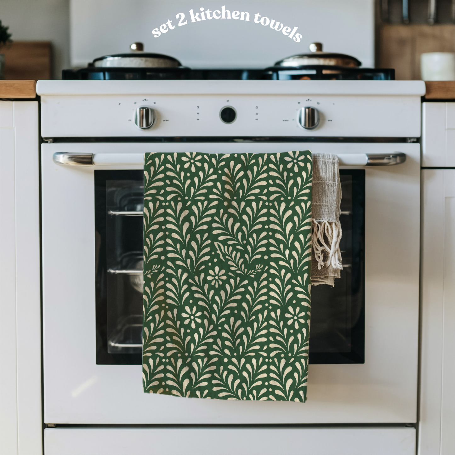 Green Mexican Kitchen Towel – Modern Floral Cotton Tea Towel – Flour Sack Dish Towel for Mexican Aesthetic Kitchen Decor