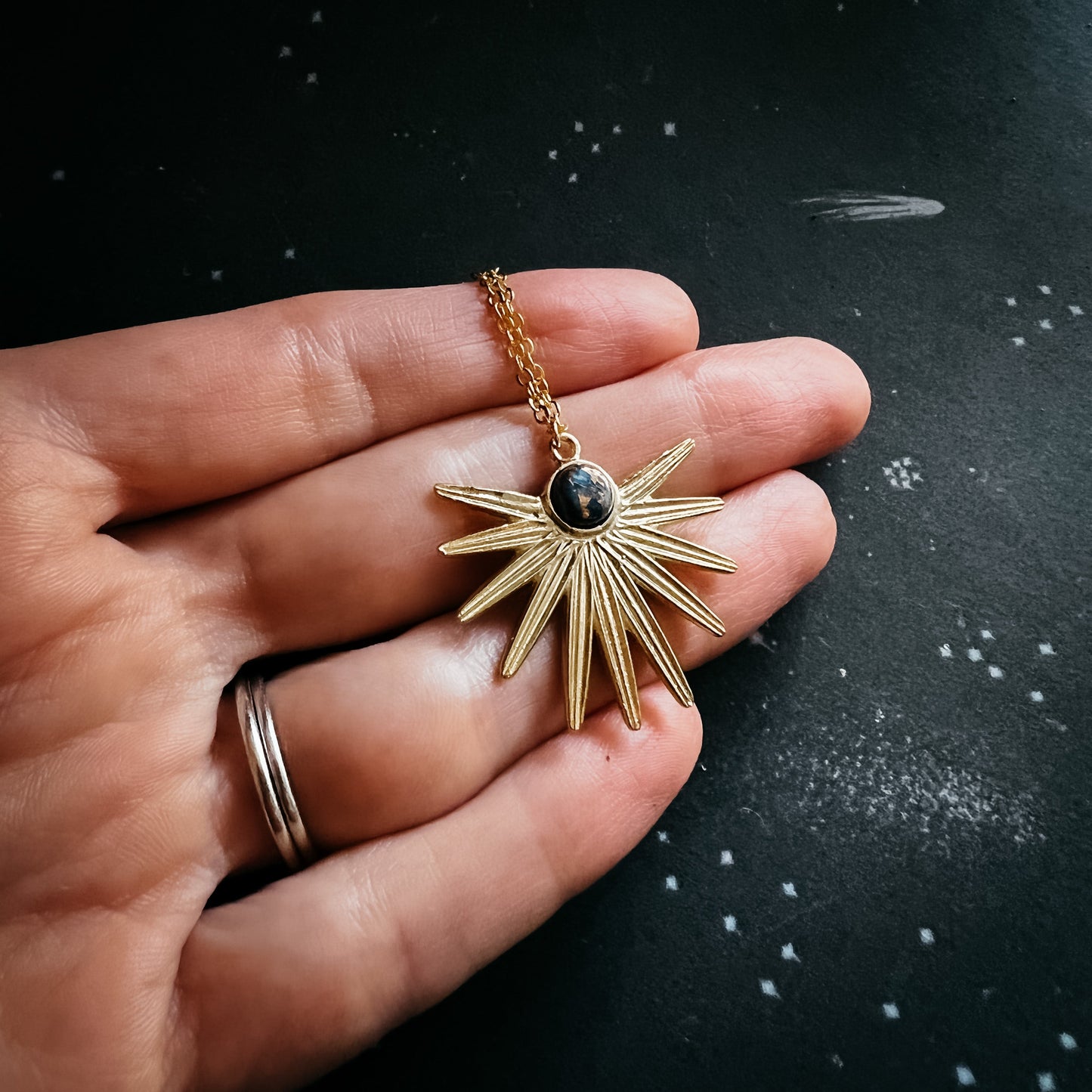 Dark Before the Dawn Sunburst Necklace with Copper Lapis Lazuli