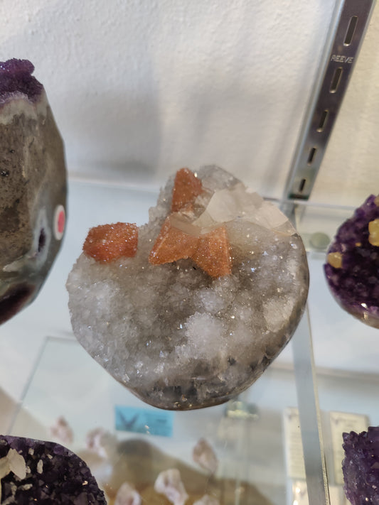 Clear Quartz with Quartz Coated Calcite Inclusions Geode Sculpture