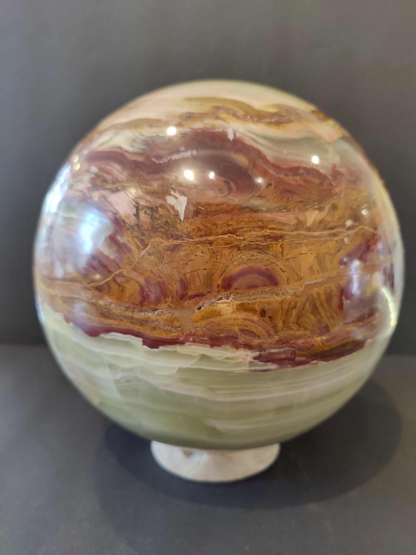 8" Green Onyx Sphere with Matching Stand – Hand-Carved Display Stone from Pakistan