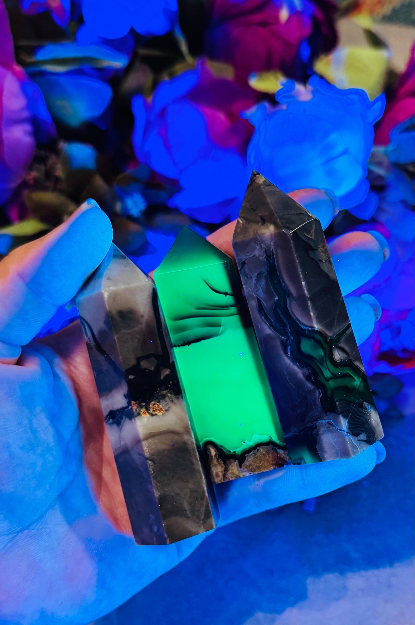 Volcano Agate Towers, UV Fluorescent Crystals