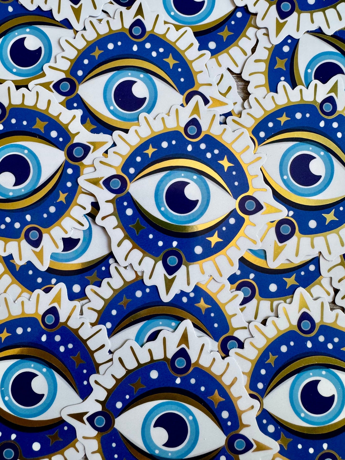 Bespattered Facade Metallic Gold and Blue Painting Evil Eye Sticker
