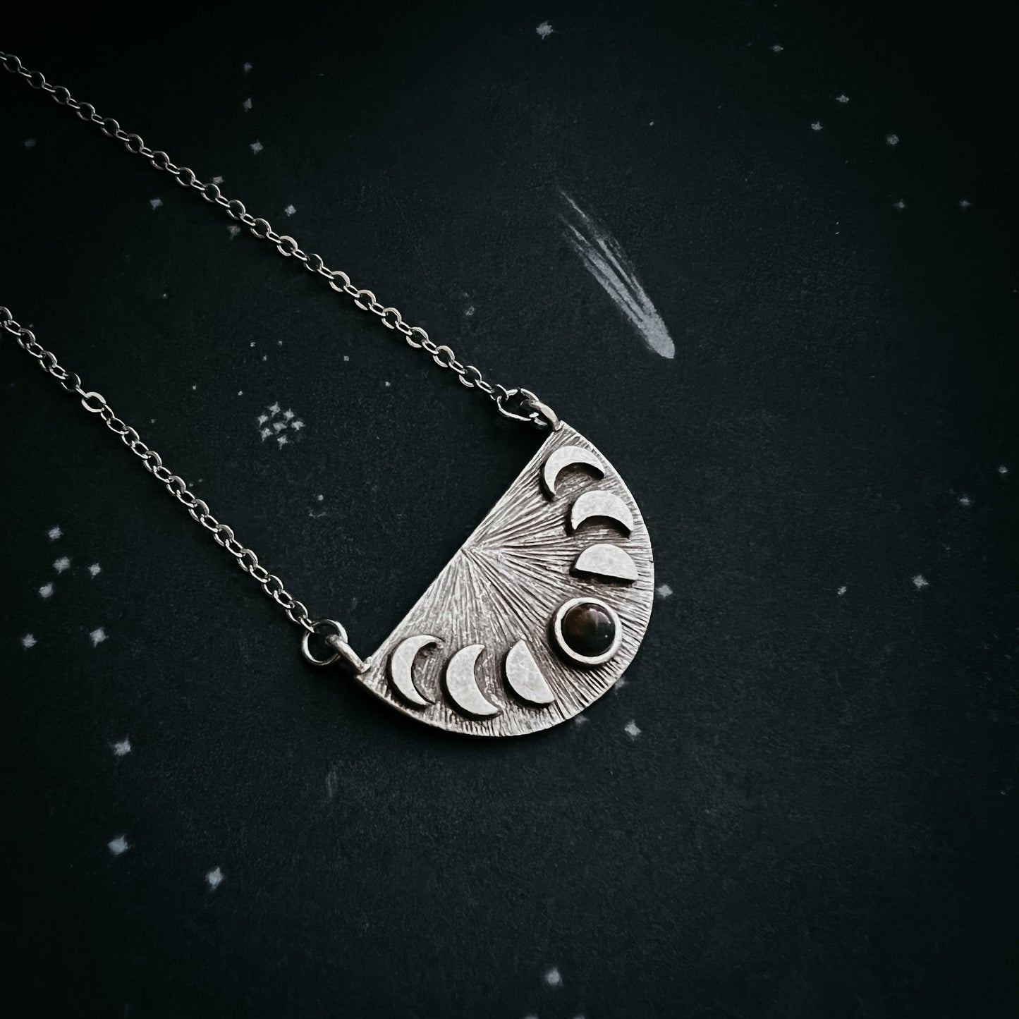 Lunar Eclipse Half Circle Necklace with Moon Phases and Black Opal