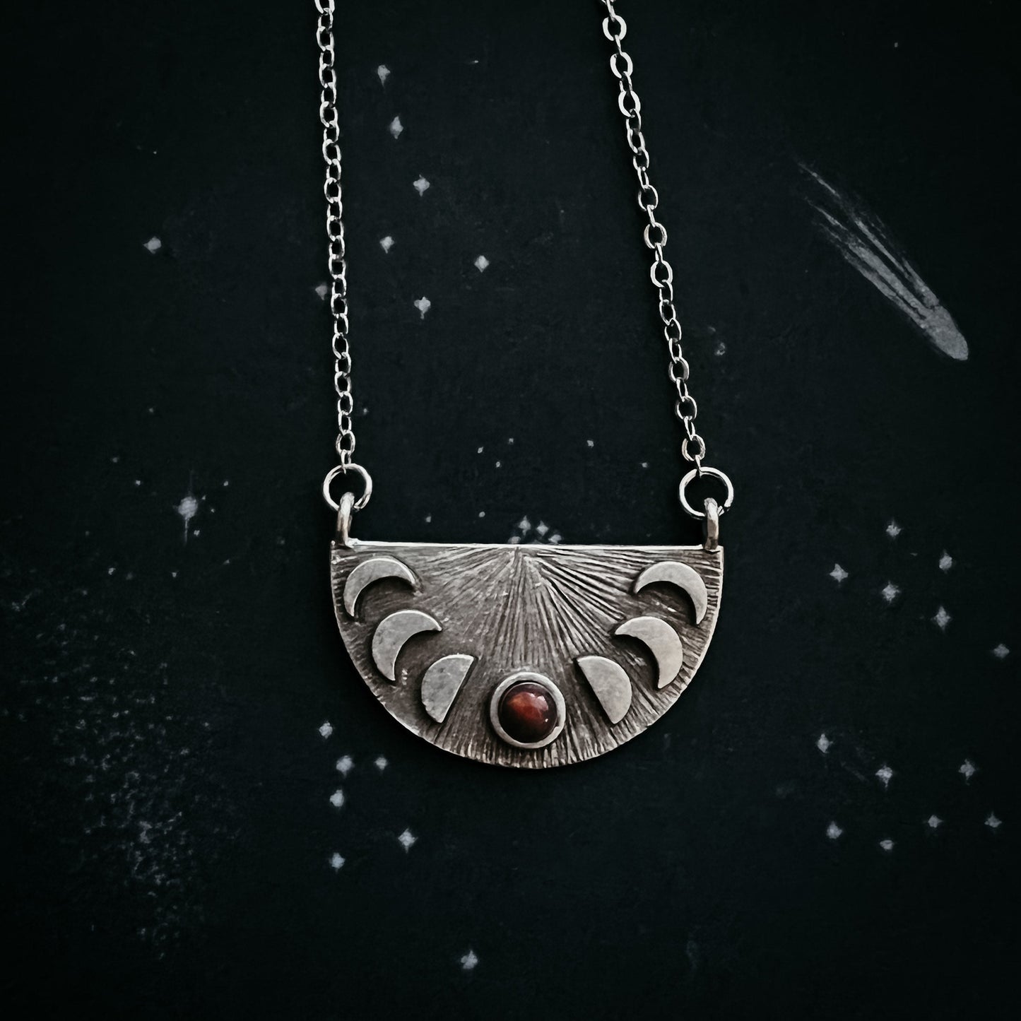 Lunar Eclipse Half Circle Necklace with Moon Phases and Black Opal
