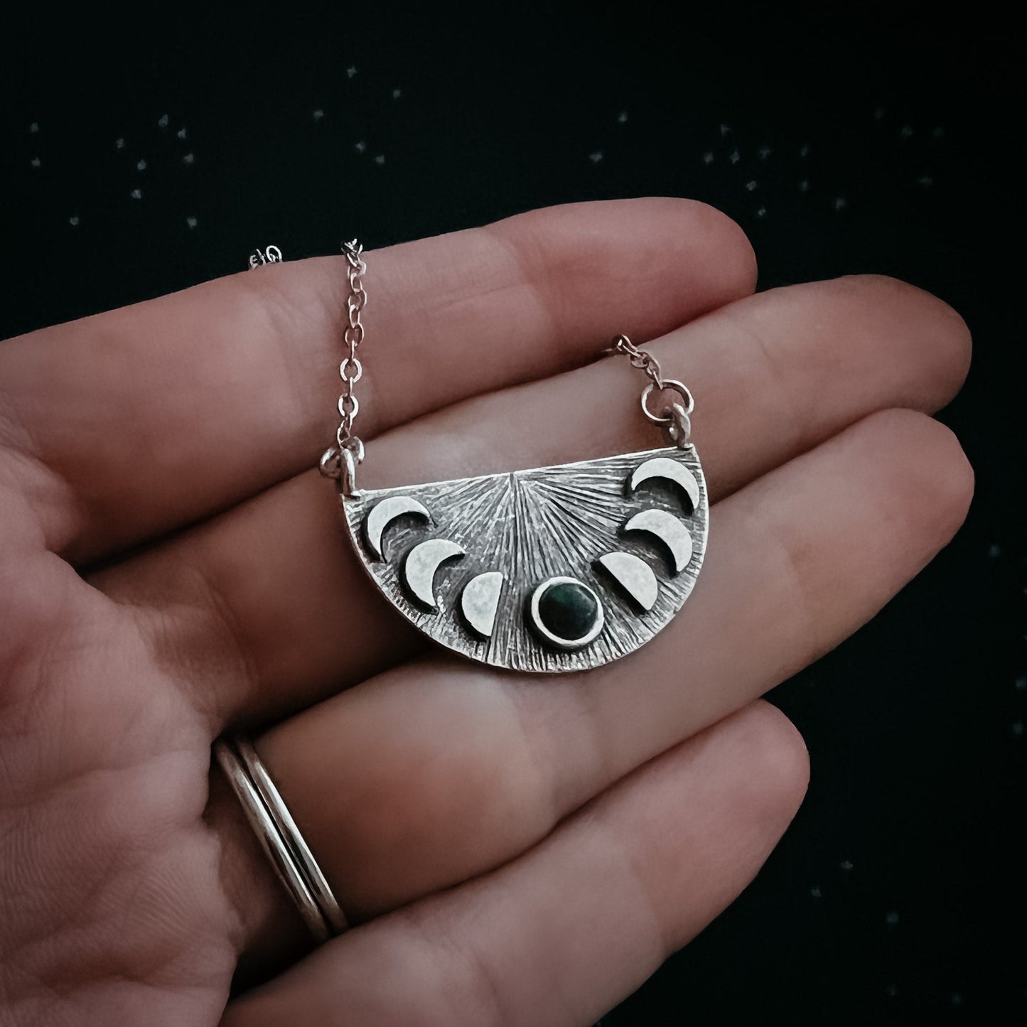 Lunar Eclipse Half Circle Necklace with Moon Phases and Black Opal