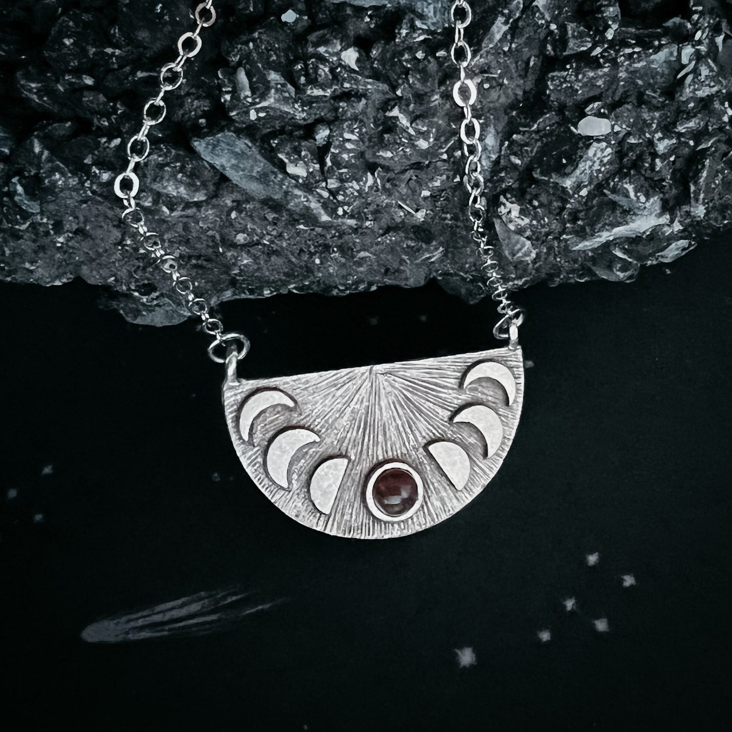 Lunar Eclipse Half Circle Necklace with Moon Phases and Black Opal