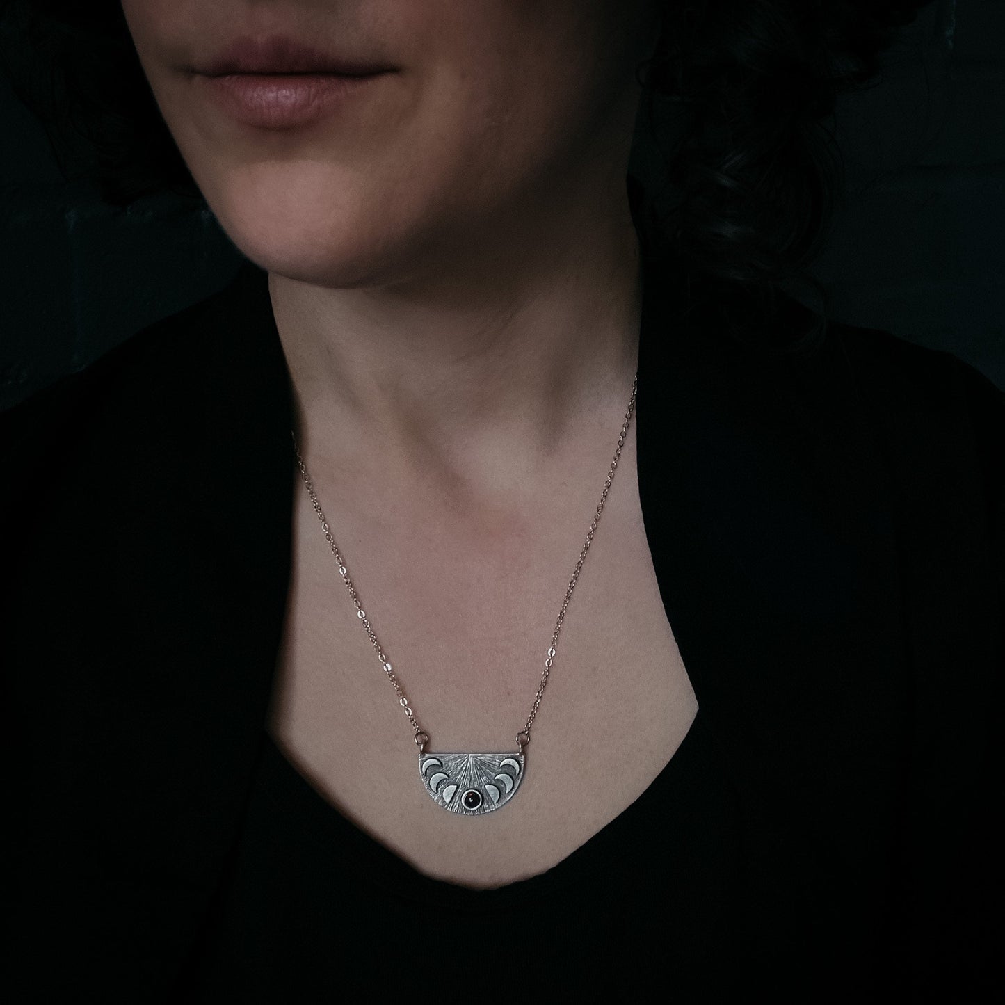Lunar Eclipse Half Circle Necklace with Moon Phases and Black Opal