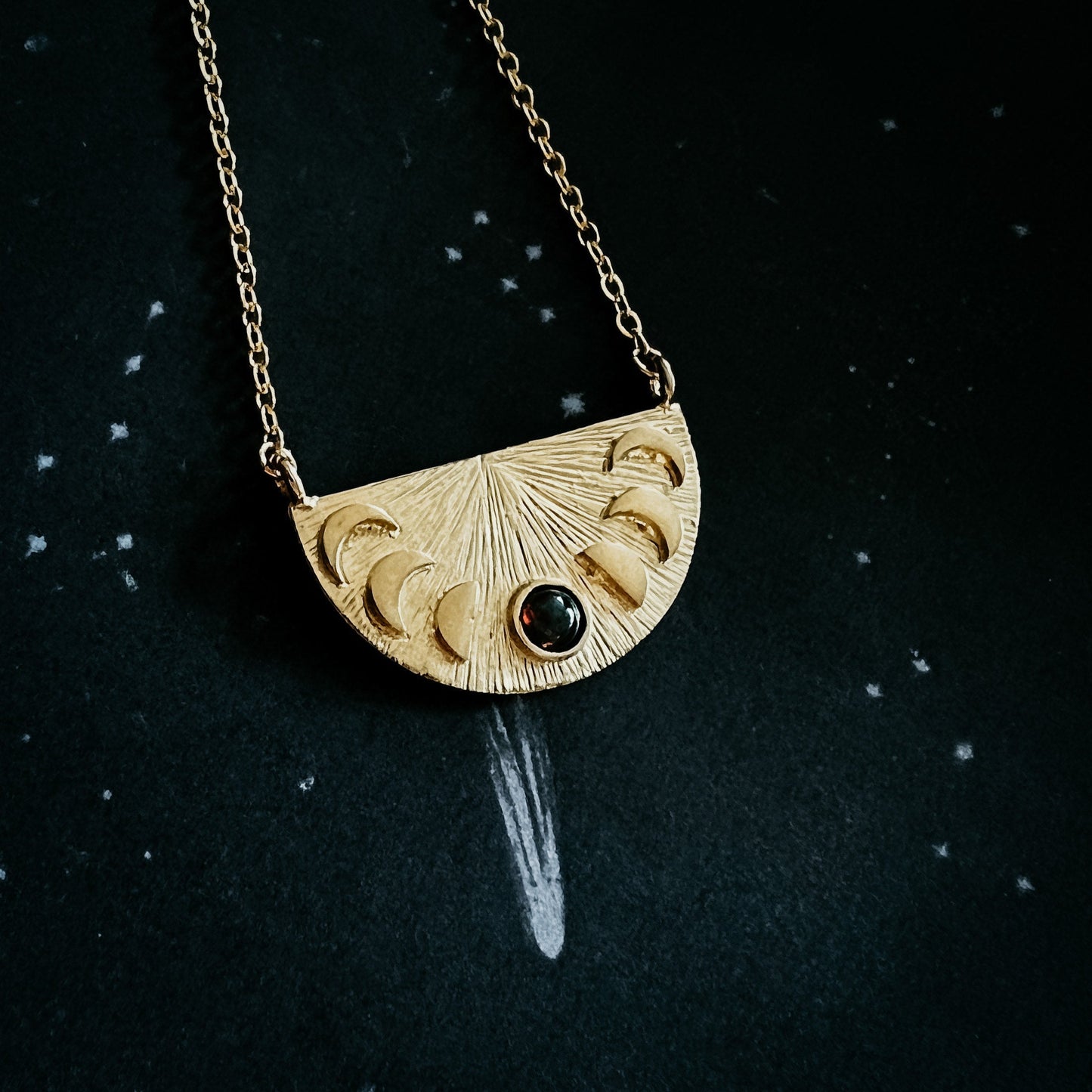 Lunar Eclipse Half Circle Necklace with Moon Phases and Black Opal