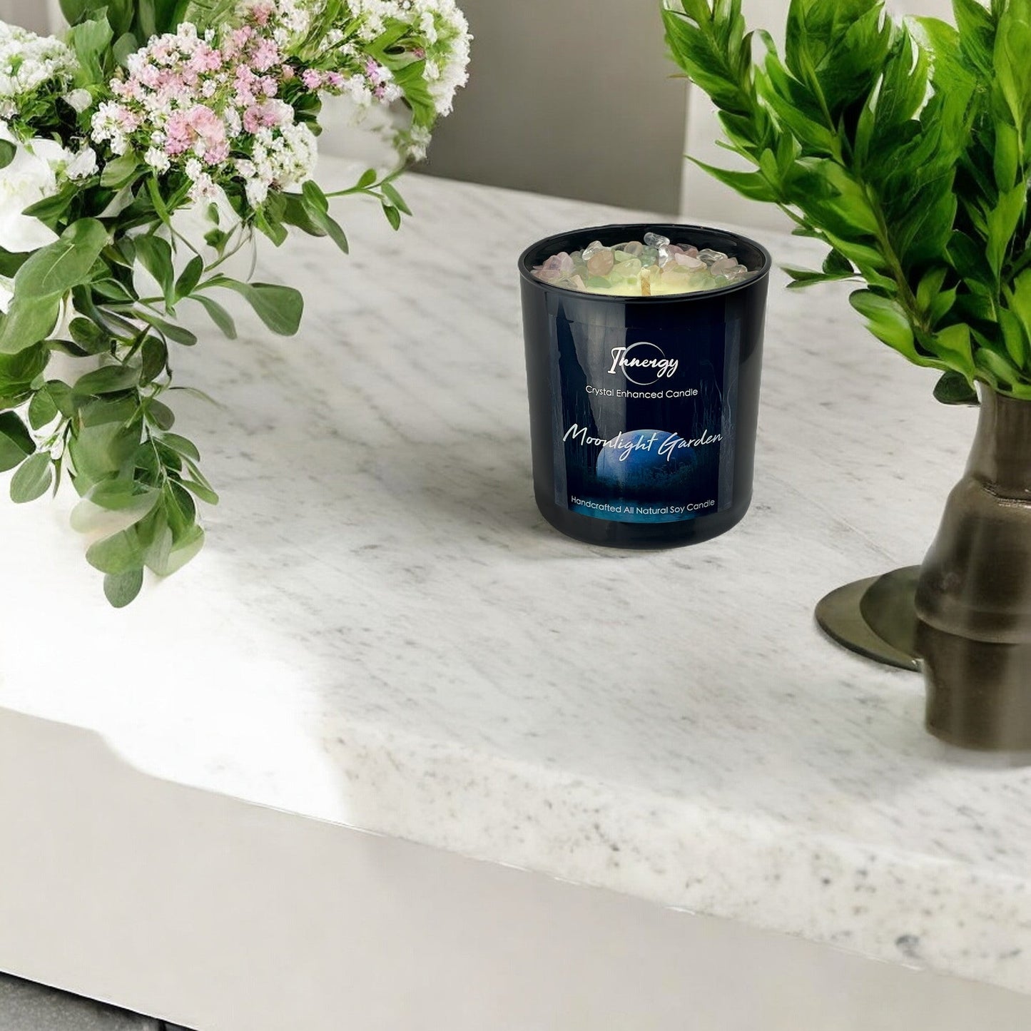 Moonlight Garden Crystal Candle with Fluorite, Rose, & Quartz | Coconut-Soy Wax Candle, 9oz