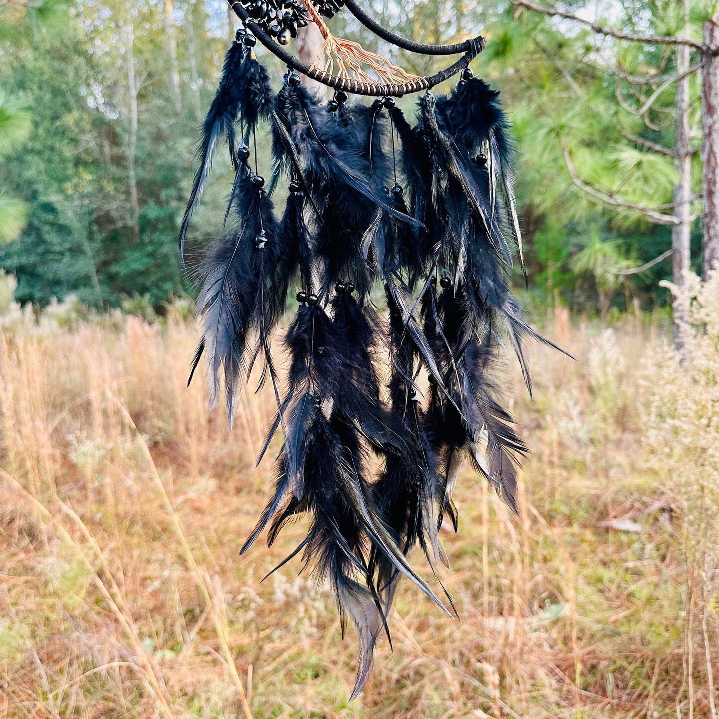 Medium Wall Hanging Crescent Moon Dream Catcher with Black Obsidian Stones & Hanging Stone Charm with Feathers Blacked Out Modern Home Decor