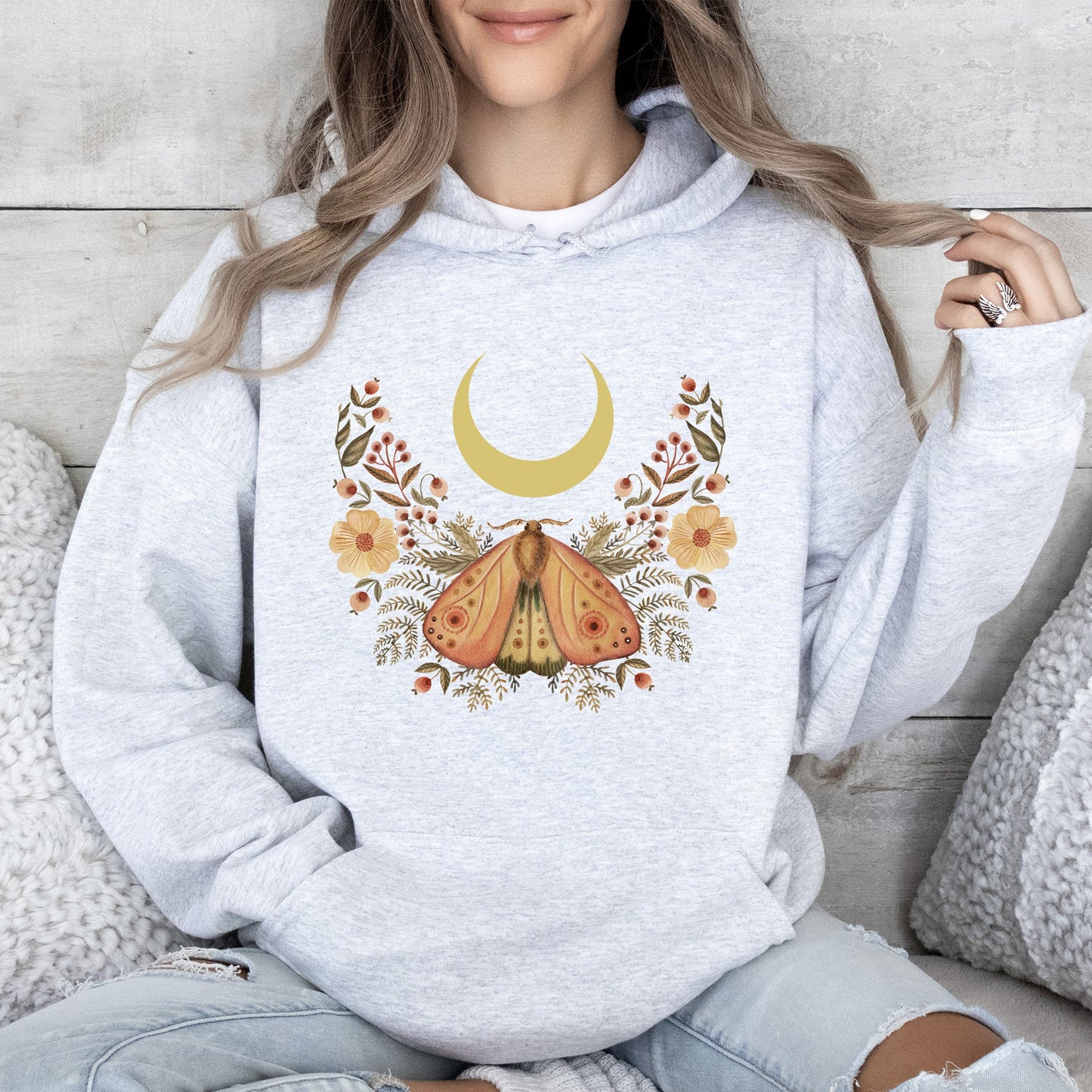 Mystical Moth and Moon, Enchanted Floral Night - Hoodie