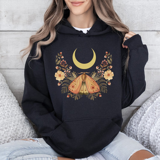 Mystical Moth and Moon, Enchanted Floral Night - Hoodie