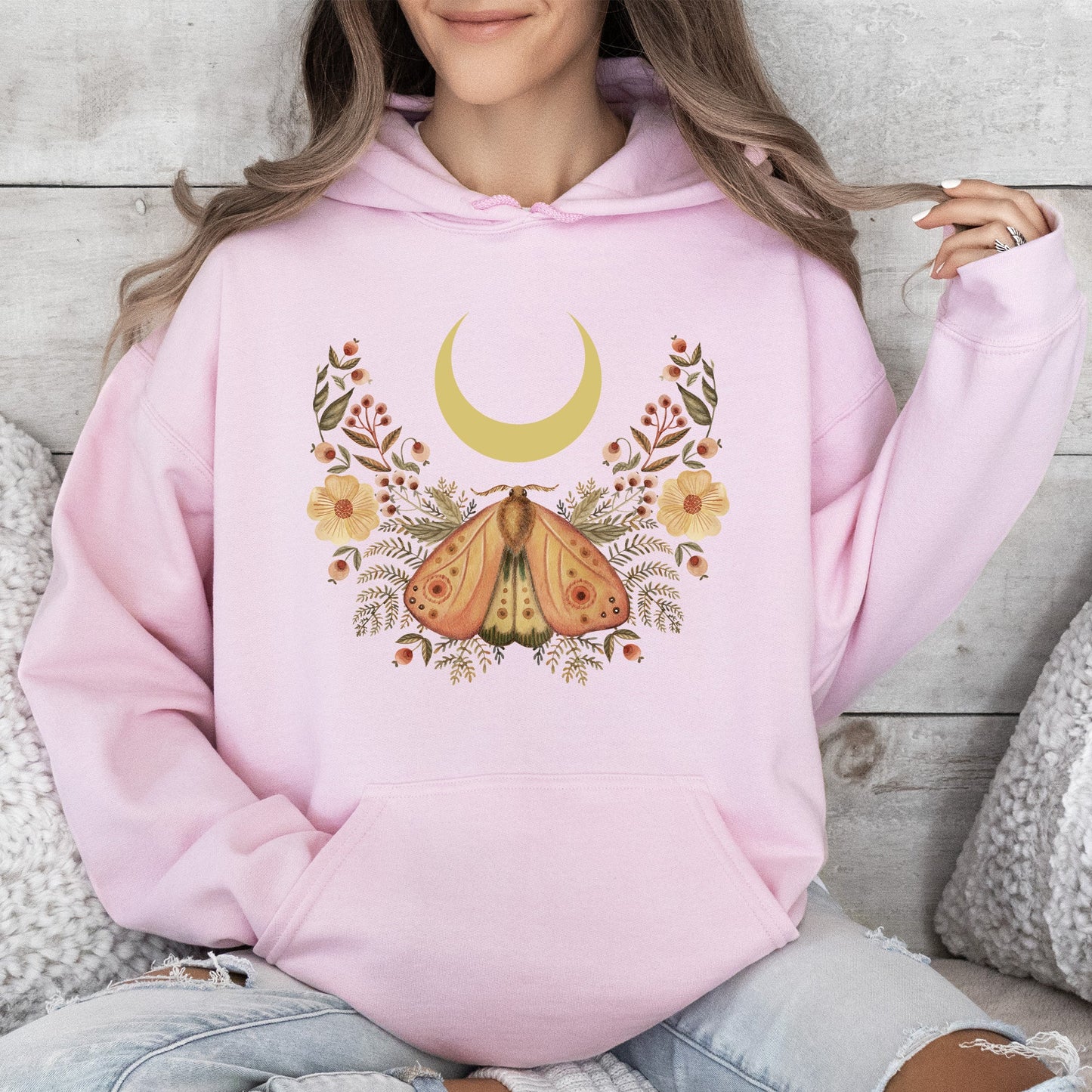 Mystical Moth and Moon, Enchanted Floral Night - Hoodie