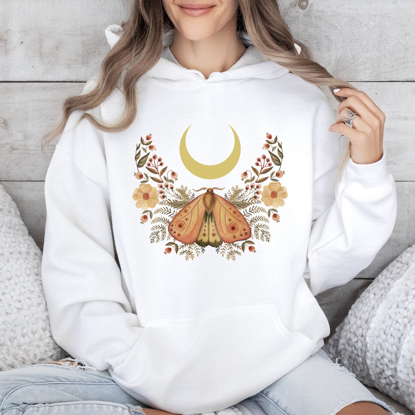 Mystical Moth and Moon, Enchanted Floral Night - Hoodie