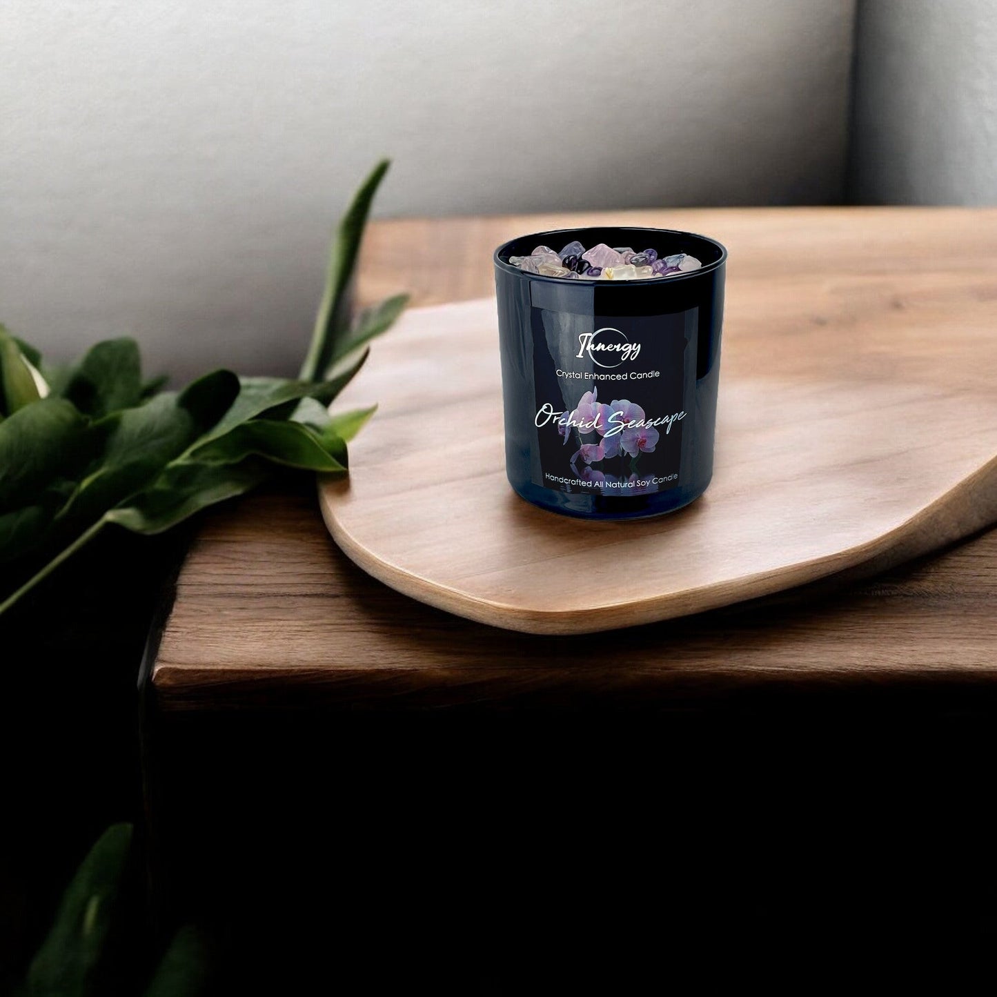 Orchid Seascape Crystal Candle with Amethyst, Rose, and Quartz | Coconut-Soy Wax Candle, 9oz