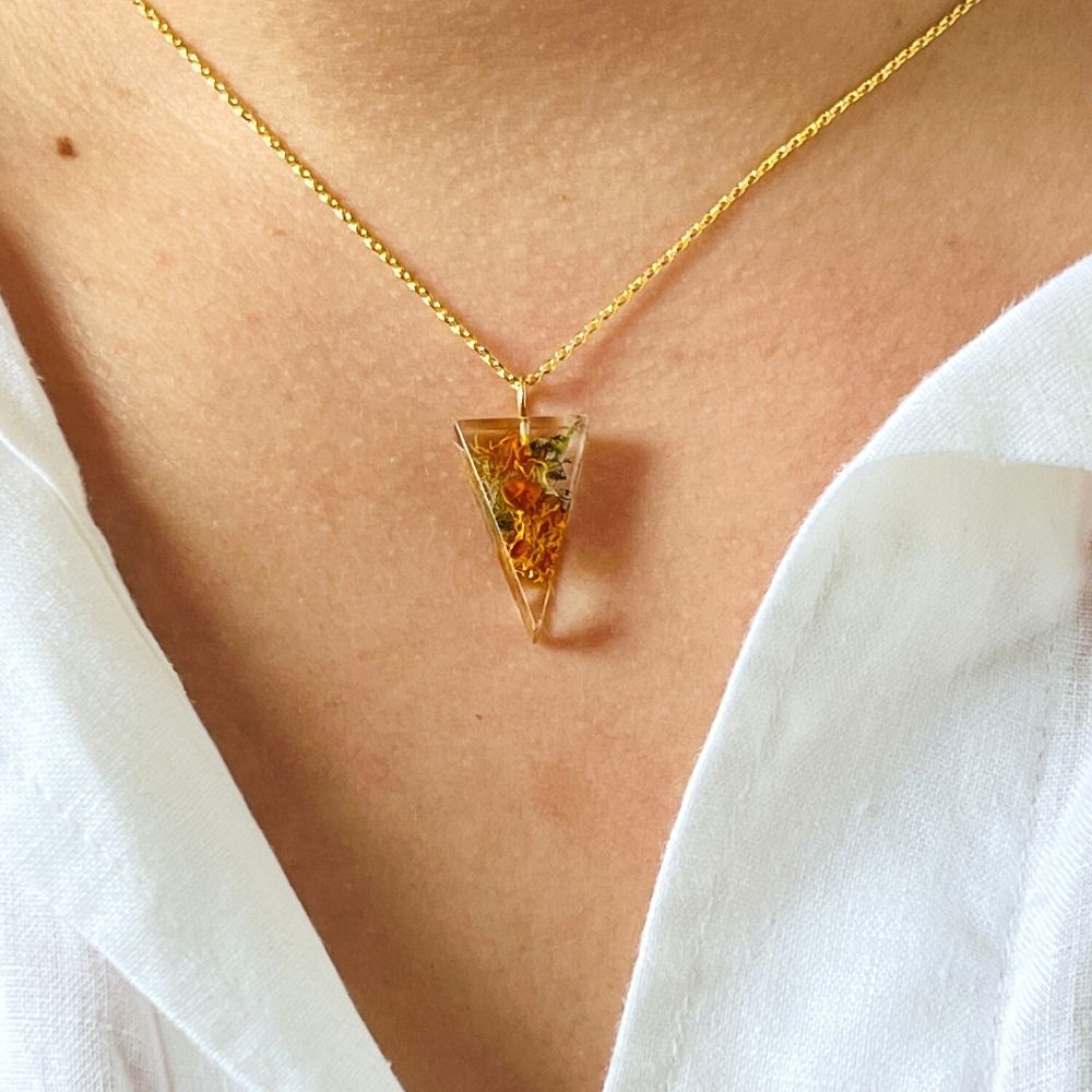 Resin Triangle Pendant Necklace with Moss and Lichen