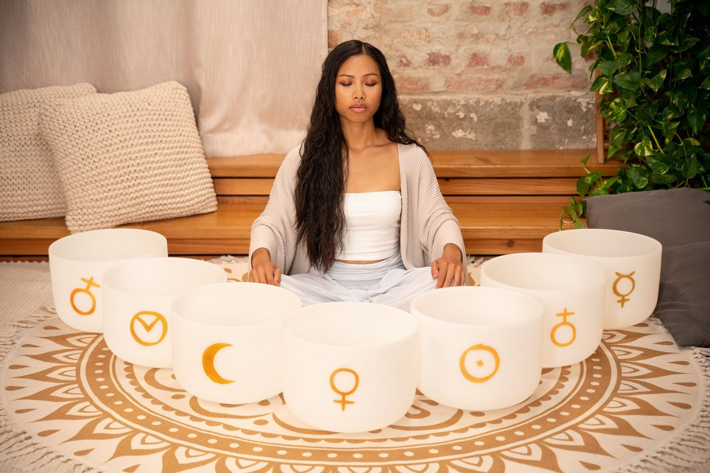 7 Planetary Crystal Singing Bowls – Cosmic Chakra Set | 12" White Frosted Quartz
