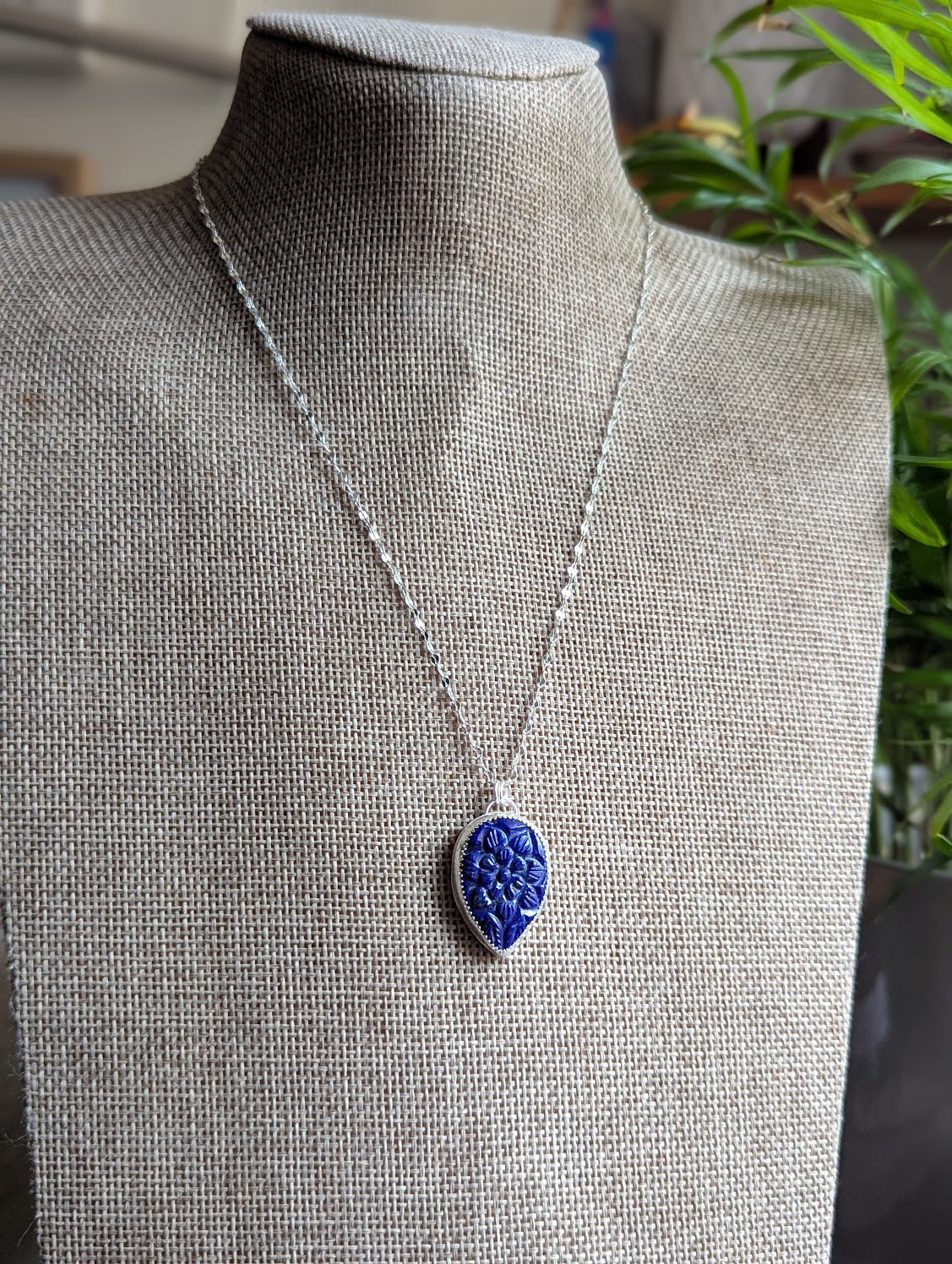 Carved Tear Drop Lapis Lazuli Sterling Silver Necklace