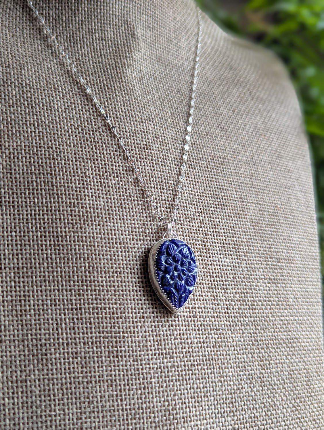 Carved Tear Drop Lapis Lazuli Sterling Silver Necklace