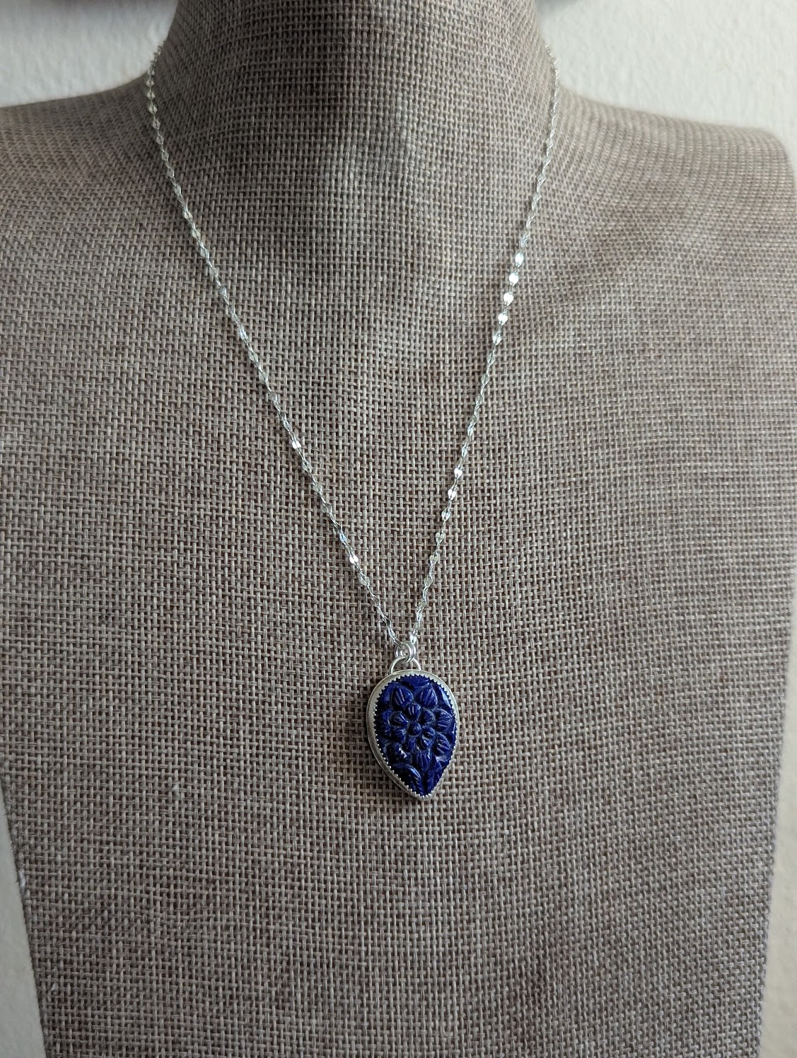 Carved Tear Drop Lapis Lazuli Sterling Silver Necklace