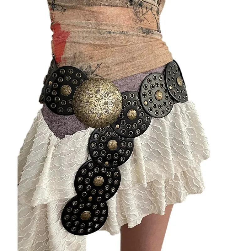 Spice Girl Y2K Harajuku Style Vintage Rivet Patchwork Design Wide Belts For Women High Street Faux Leather Waistband cinturones