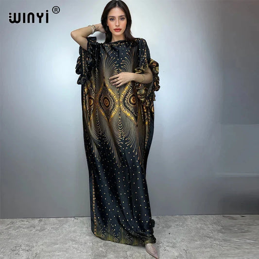 WINYI summer boho evening dress dubai luxury Female loose Print kaftan muslim woman clothing holiday beach dress fashion Caftan