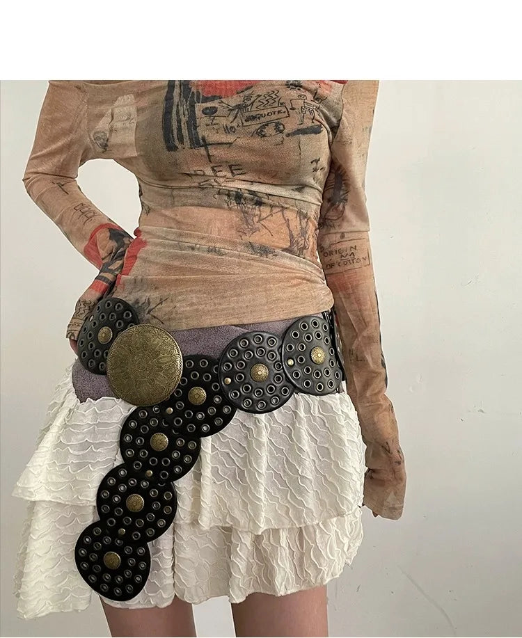 Spice Girl Y2K Harajuku Style Vintage Rivet Patchwork Design Wide Belts For Women High Street Faux Leather Waistband cinturones