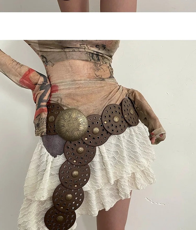 Spice Girl Y2K Harajuku Style Vintage Rivet Patchwork Design Wide Belts For Women High Street Faux Leather Waistband cinturones