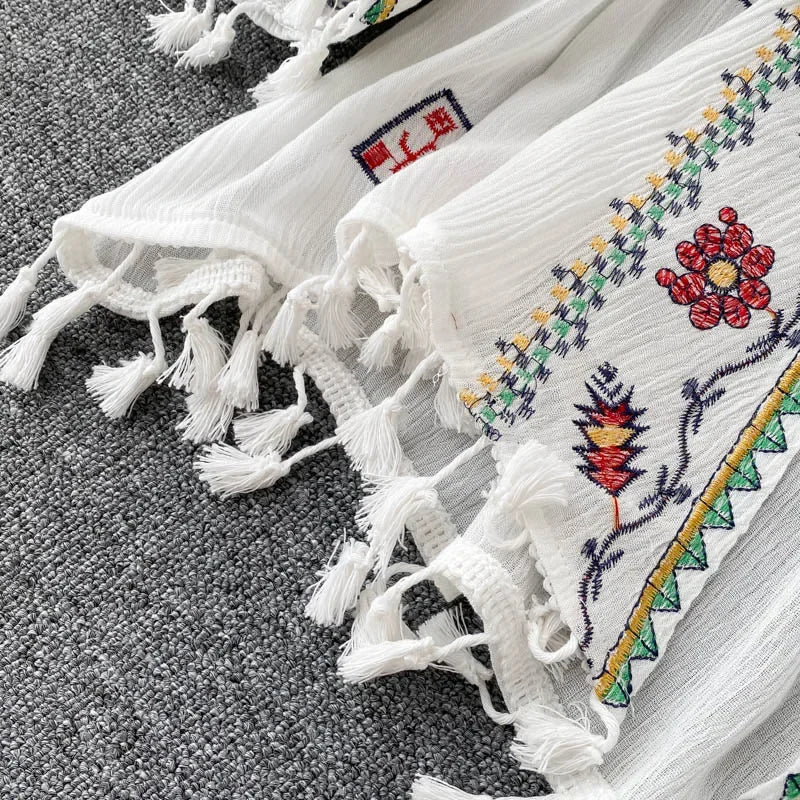 Summer Women's Shirt Bohemian Holiday Style Embroidered Tassel Chiffon Cardigan New Waist Female Slim Short Tops