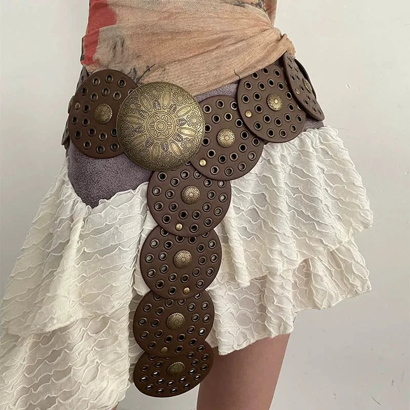 Spice Girl Y2K Harajuku Style Vintage Rivet Patchwork Design Wide Belts For Women High Street Faux Leather Waistband cinturones