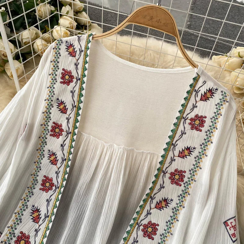 Summer Women's Shirt Bohemian Holiday Style Embroidered Tassel Chiffon Cardigan New Waist Female Slim Short Tops