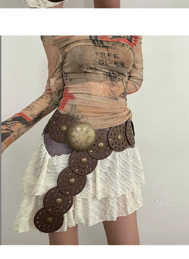 Spice Girl Y2K Harajuku Style Vintage Rivet Patchwork Design Wide Belts For Women High Street Faux Leather Waistband cinturones
