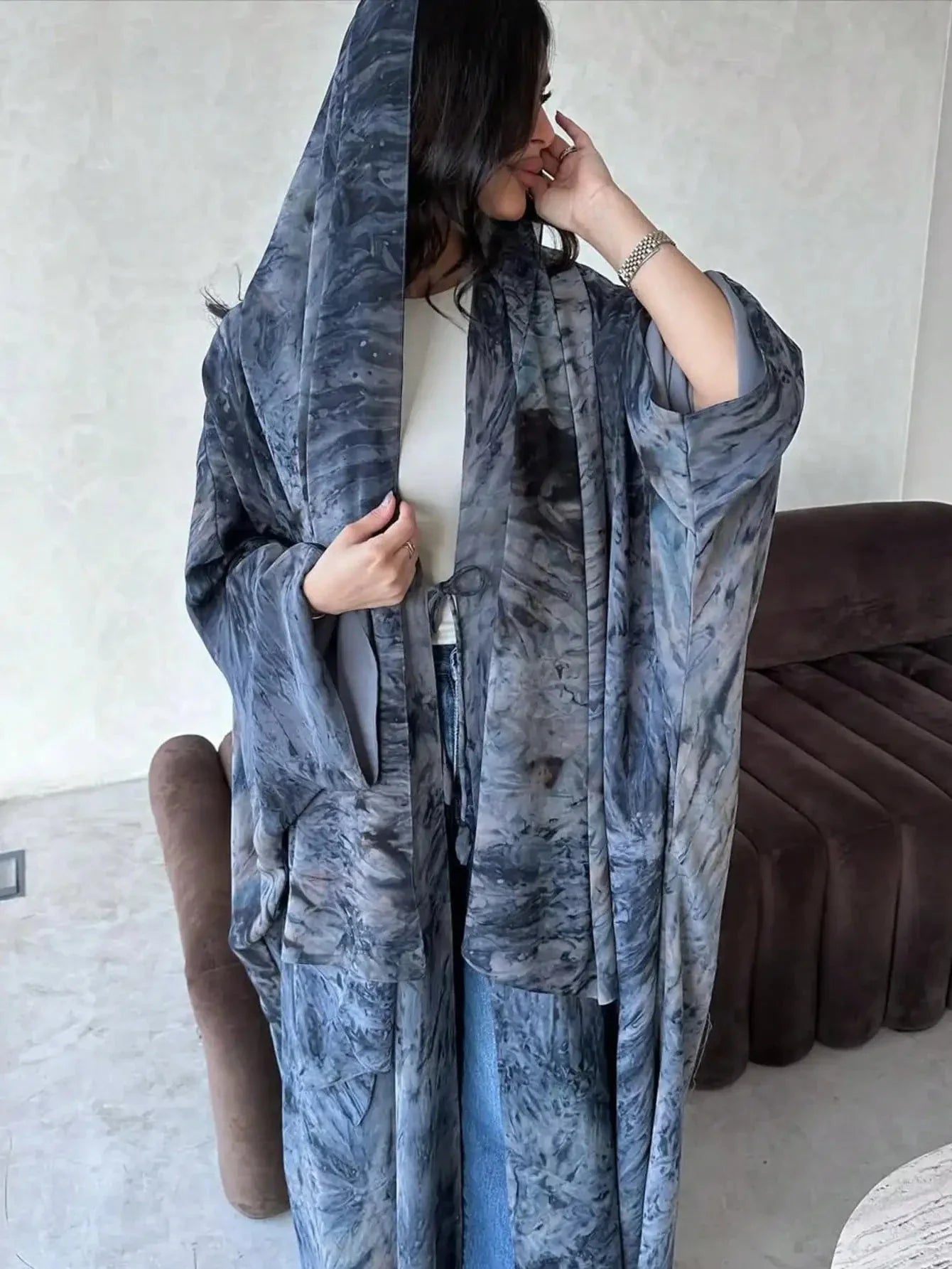 Middle Eastern Tie Dye Loose Abaya Full Sleeve Open Front Abayas Turkey Kaftan Arabian Maxi Dresses Women Jilbabs Without Hijab