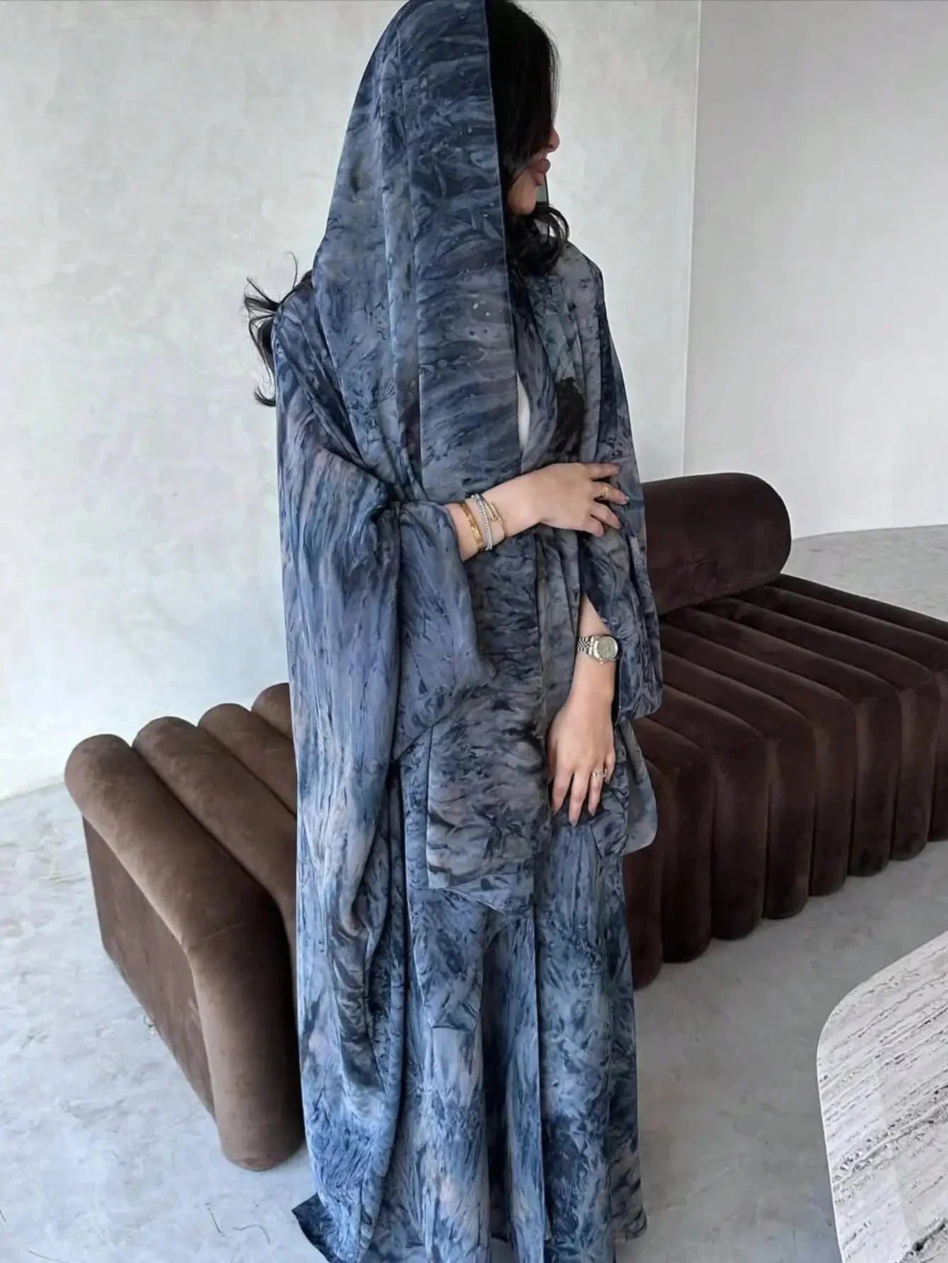 Middle Eastern Tie Dye Loose Abaya Full Sleeve Open Front Abayas Turkey Kaftan Arabian Maxi Dresses Women Jilbabs Without Hijab