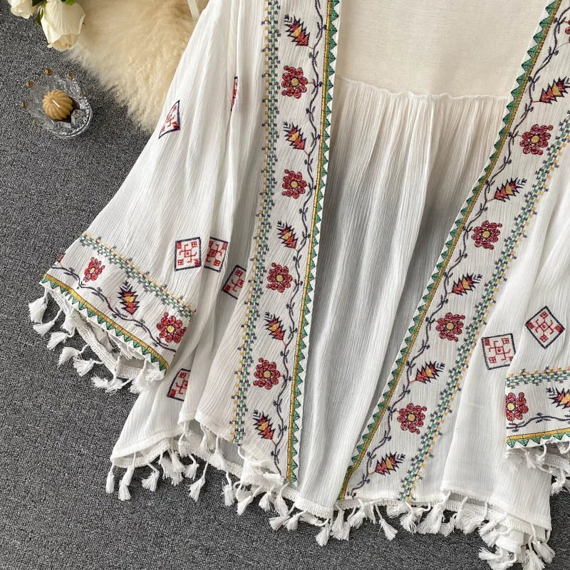 Summer Women's Shirt Bohemian Holiday Style Embroidered Tassel Chiffon Cardigan New Waist Female Slim Short Tops