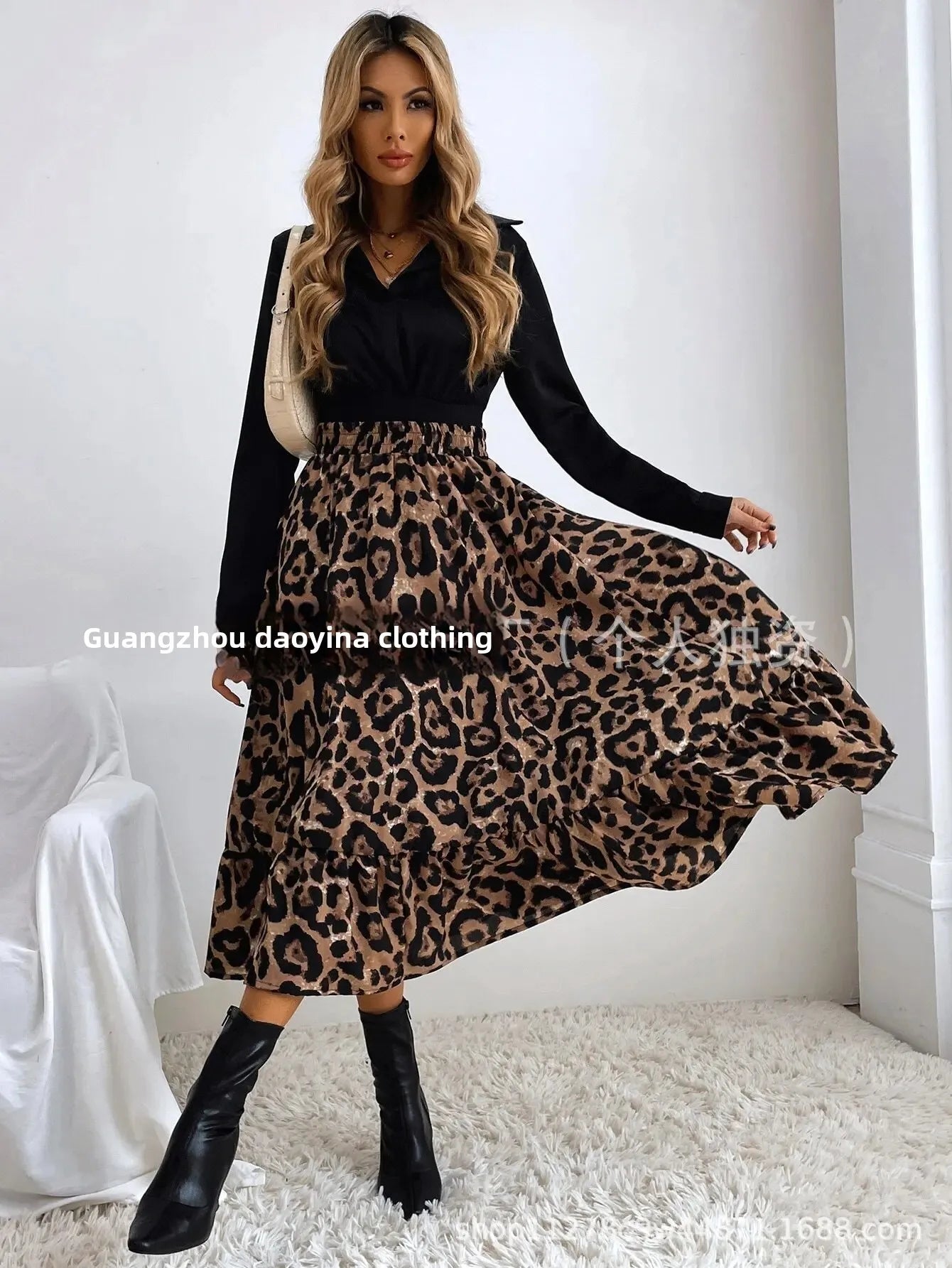 Elegant Leopard Print Halter Neck Mini Dress Polyester Fiber Ruffles Decoration Cross-Border New Arrival 2024 Women's Skirt