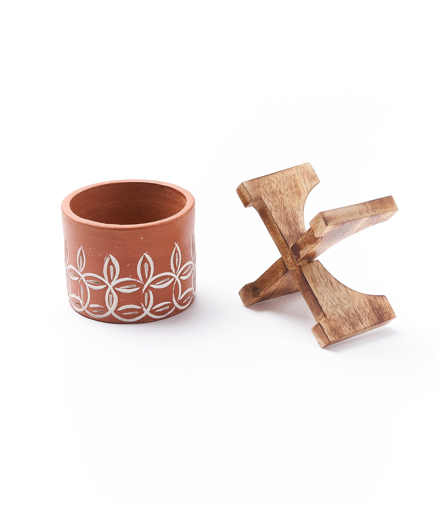 Daksha Terracotta Plant Pot with Wood Stand - Small