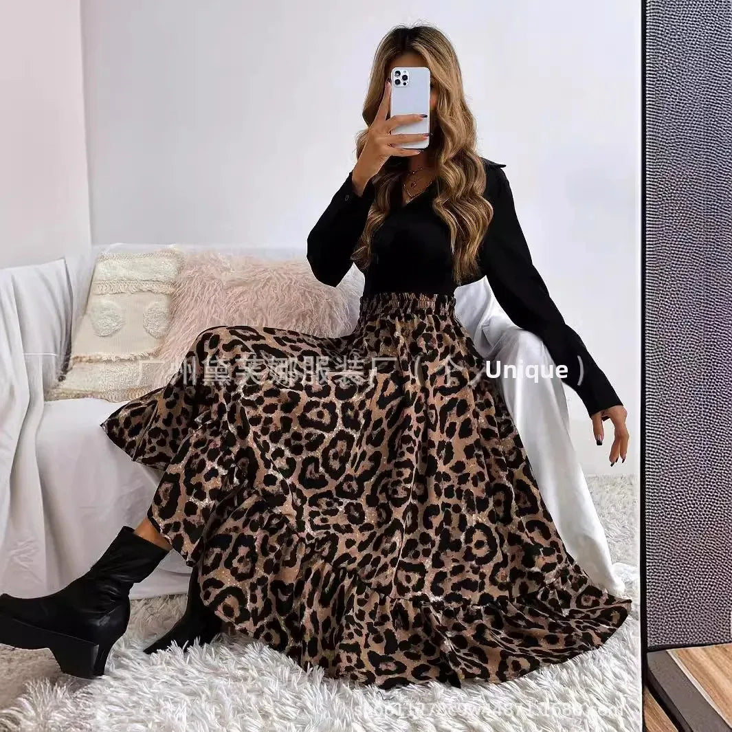 Elegant Leopard Print Halter Neck Mini Dress Polyester Fiber Ruffles Decoration Cross-Border New Arrival 2024 Women's Skirt