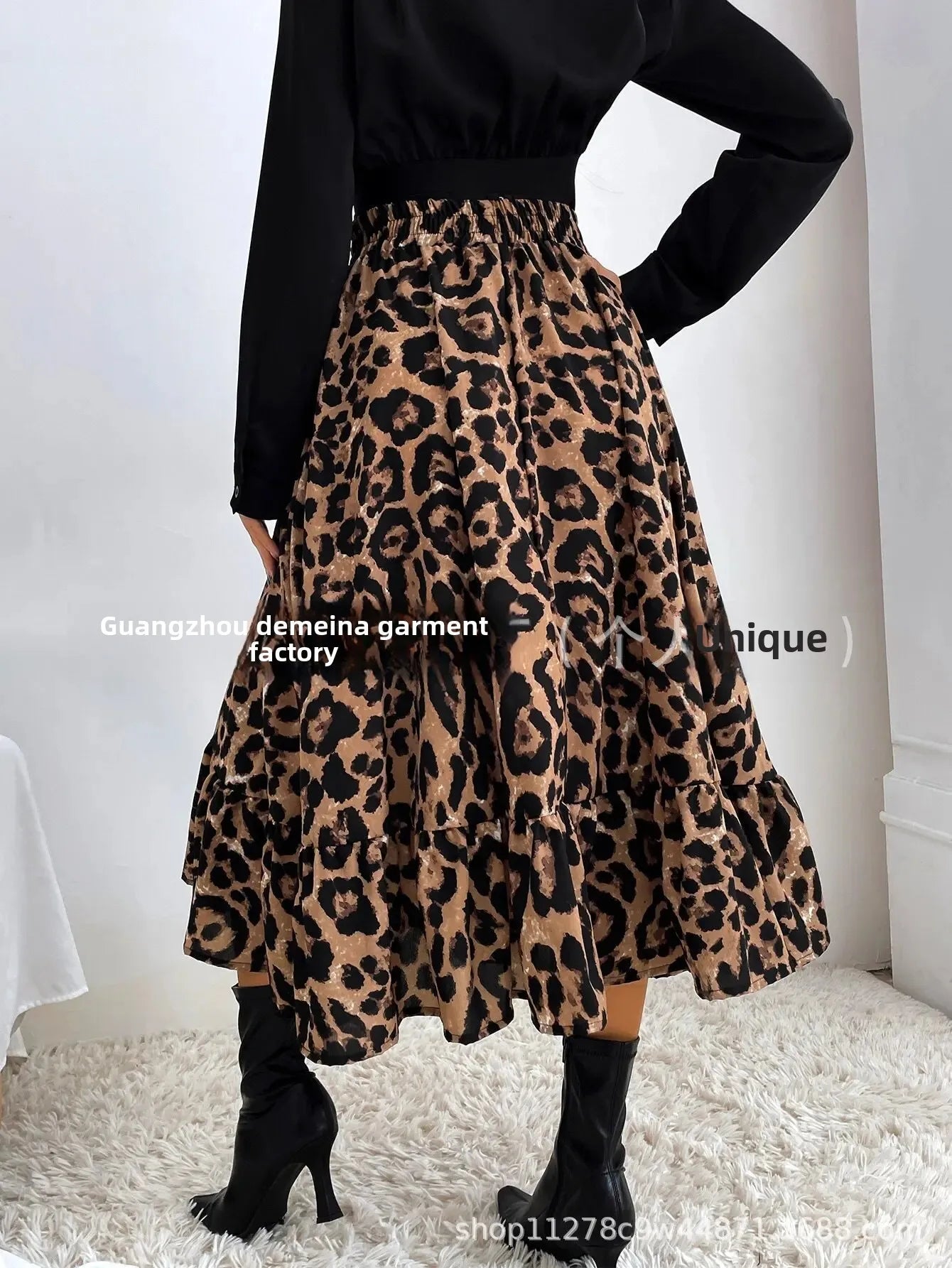 Elegant Leopard Print Halter Neck Mini Dress Polyester Fiber Ruffles Decoration Cross-Border New Arrival 2024 Women's Skirt