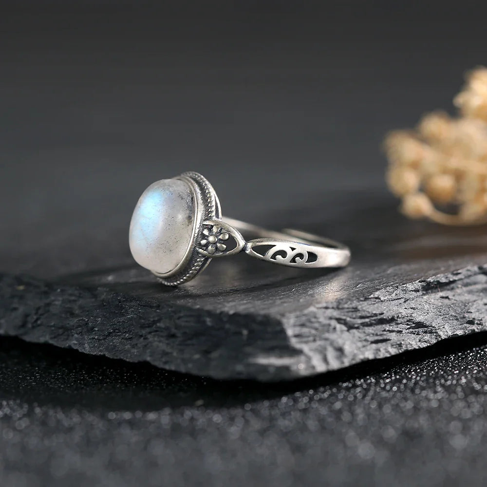 Natural Moonstone Ring 925 Sterling Silver Adjustable Vintage Boho Jewelry 10x8mm Oval Gemstone Healing Crystal Gift