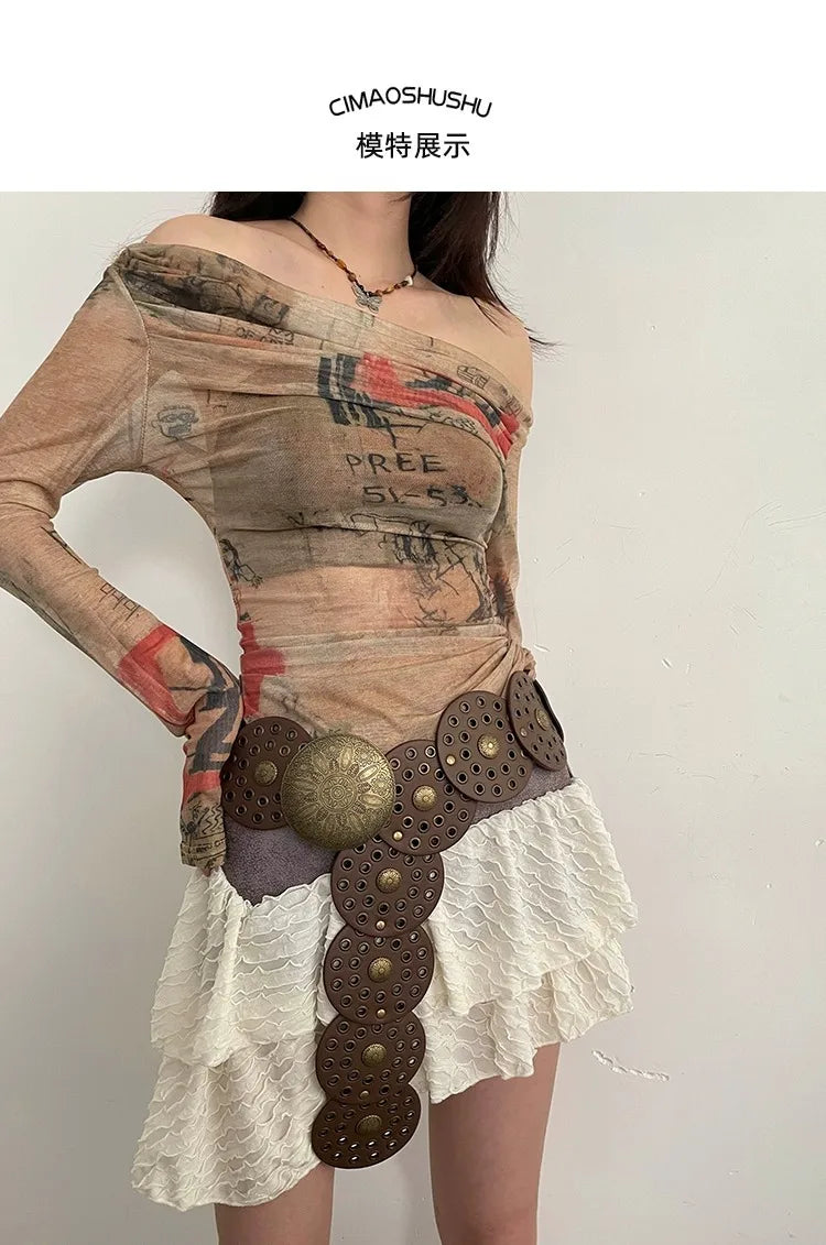 Spice Girl Y2K Harajuku Style Vintage Rivet Patchwork Design Wide Belts For Women High Street Faux Leather Waistband cinturones