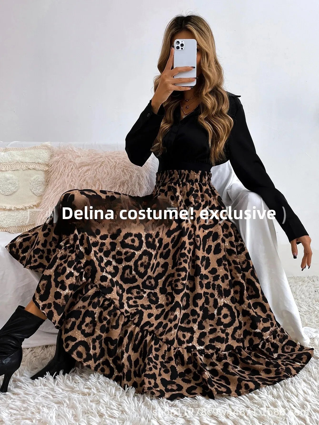 Elegant Leopard Print Halter Neck Mini Dress Polyester Fiber Ruffles Decoration Cross-Border New Arrival 2024 Women's Skirt