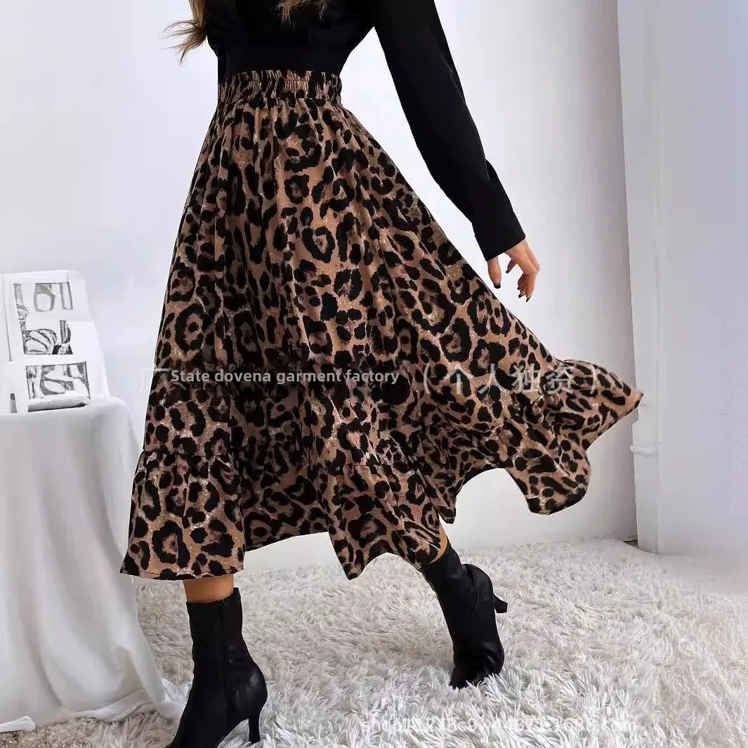 Elegant Leopard Print Halter Neck Mini Dress Polyester Fiber Ruffles Decoration Cross-Border New Arrival 2024 Women's Skirt