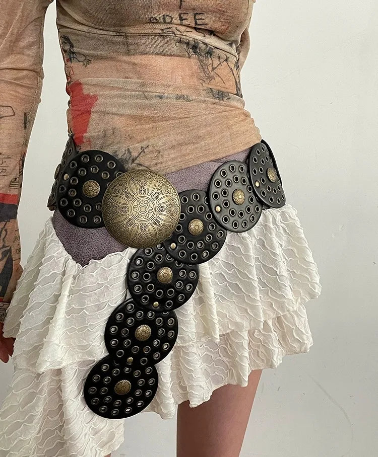 Spice Girl Y2K Harajuku Style Vintage Rivet Patchwork Design Wide Belts For Women High Street Faux Leather Waistband cinturones