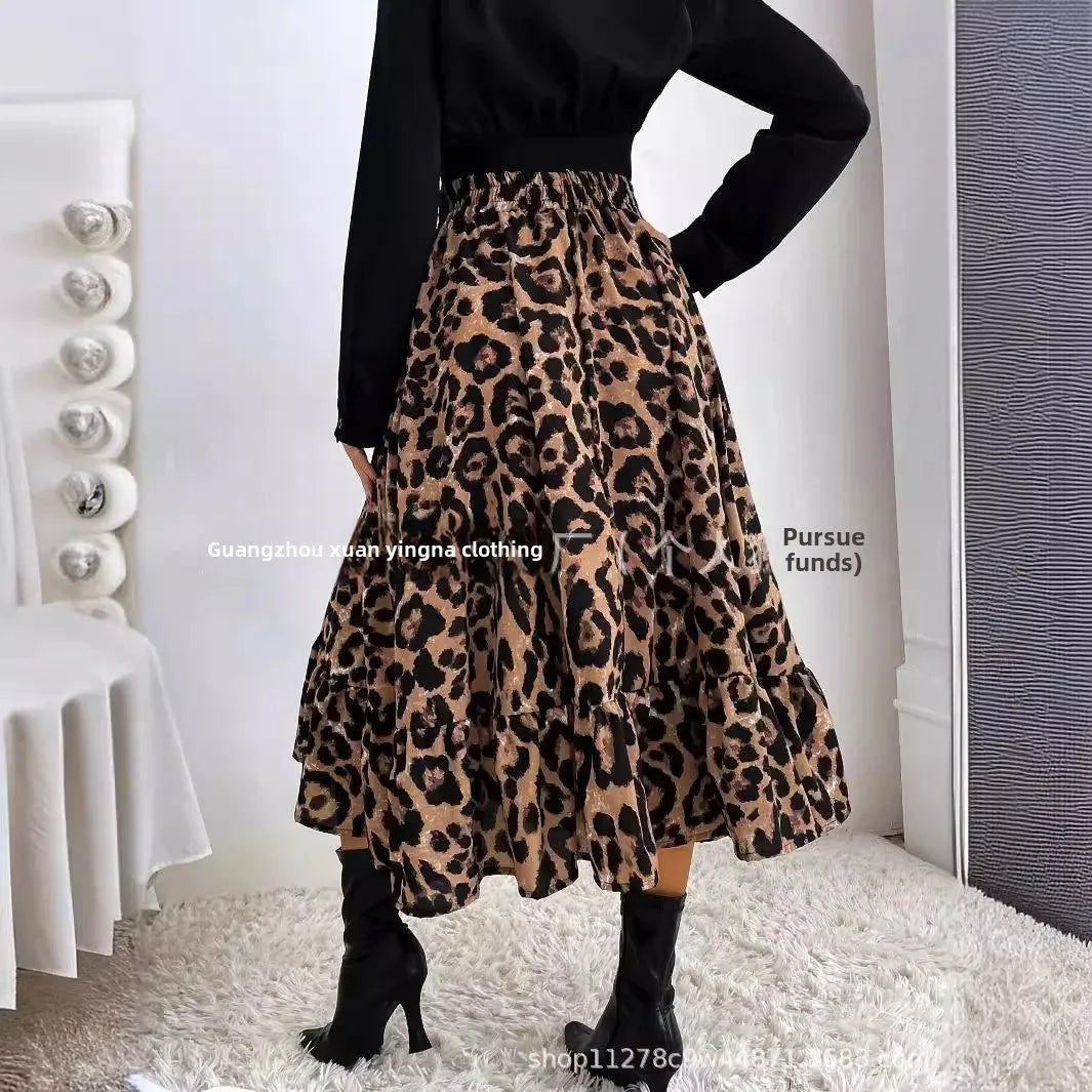Elegant Leopard Print Halter Neck Mini Dress Polyester Fiber Ruffles Decoration Cross-Border New Arrival 2024 Women's Skirt