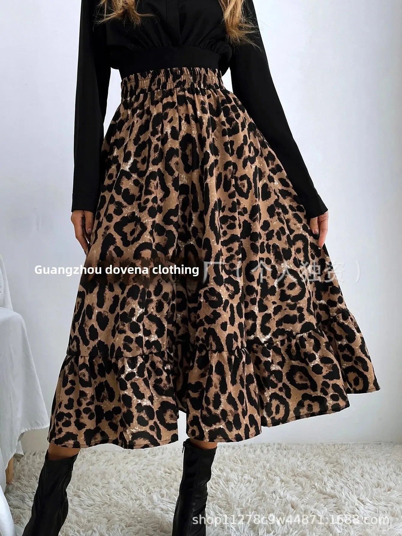 Elegant Leopard Print Halter Neck Mini Dress Polyester Fiber Ruffles Decoration Cross-Border New Arrival 2024 Women's Skirt