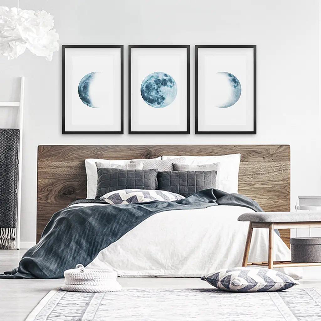 Blue Lunar Phases Wall Art Set of 3